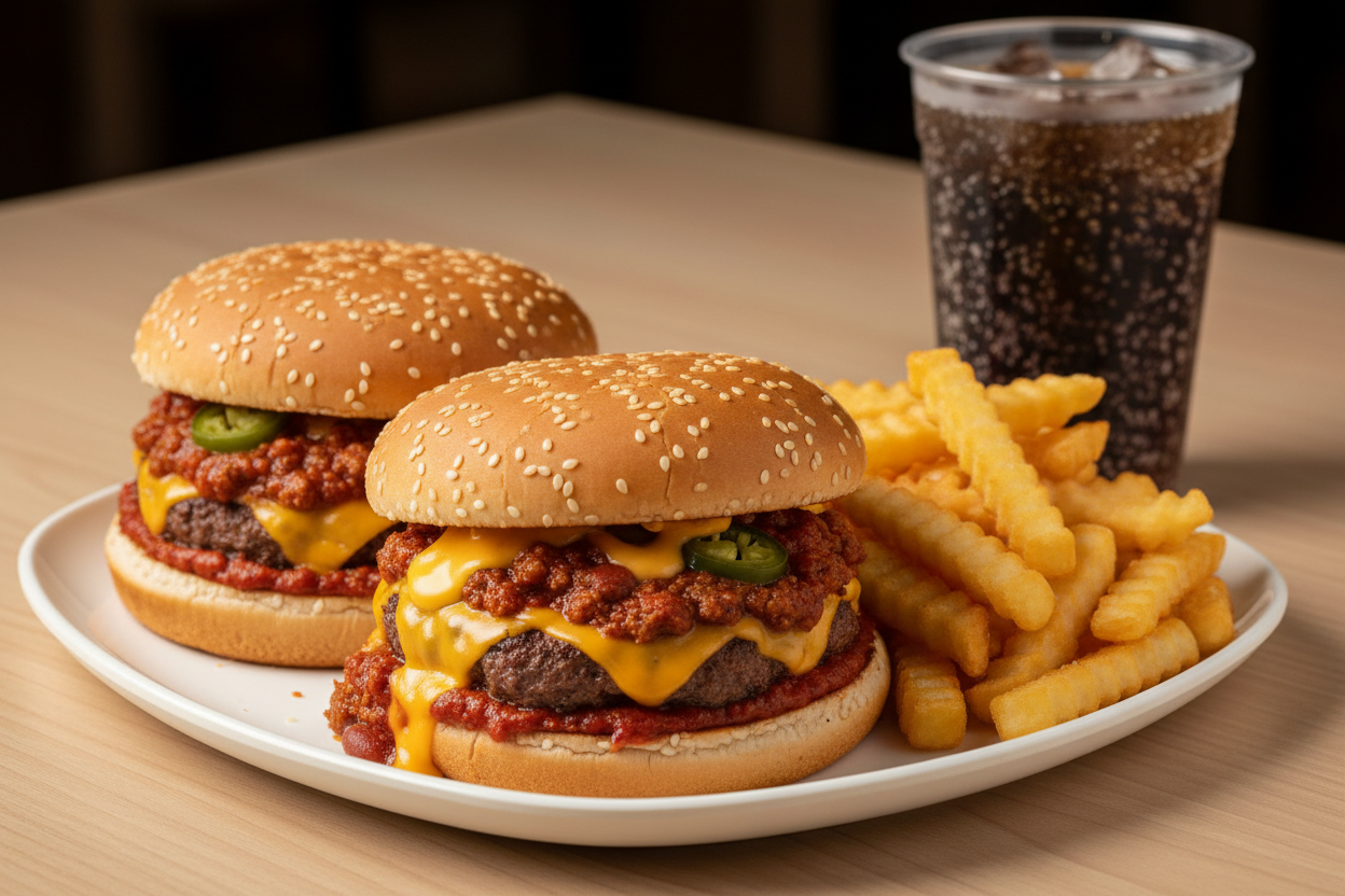 2x Chili & Cheese Burger 125 gram + 1x Pommes + 1xGetränk