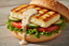Halloumi Burger 125 gram mit Sesamsoße, Salat, Tomate und Gurke