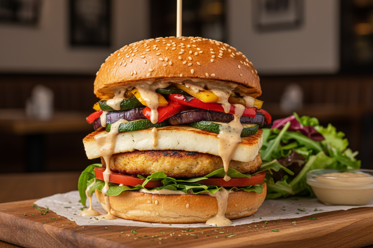 Halloumi Gemüse Burger 125 gram mit Grillgemüse, Sesamsoße und Salat