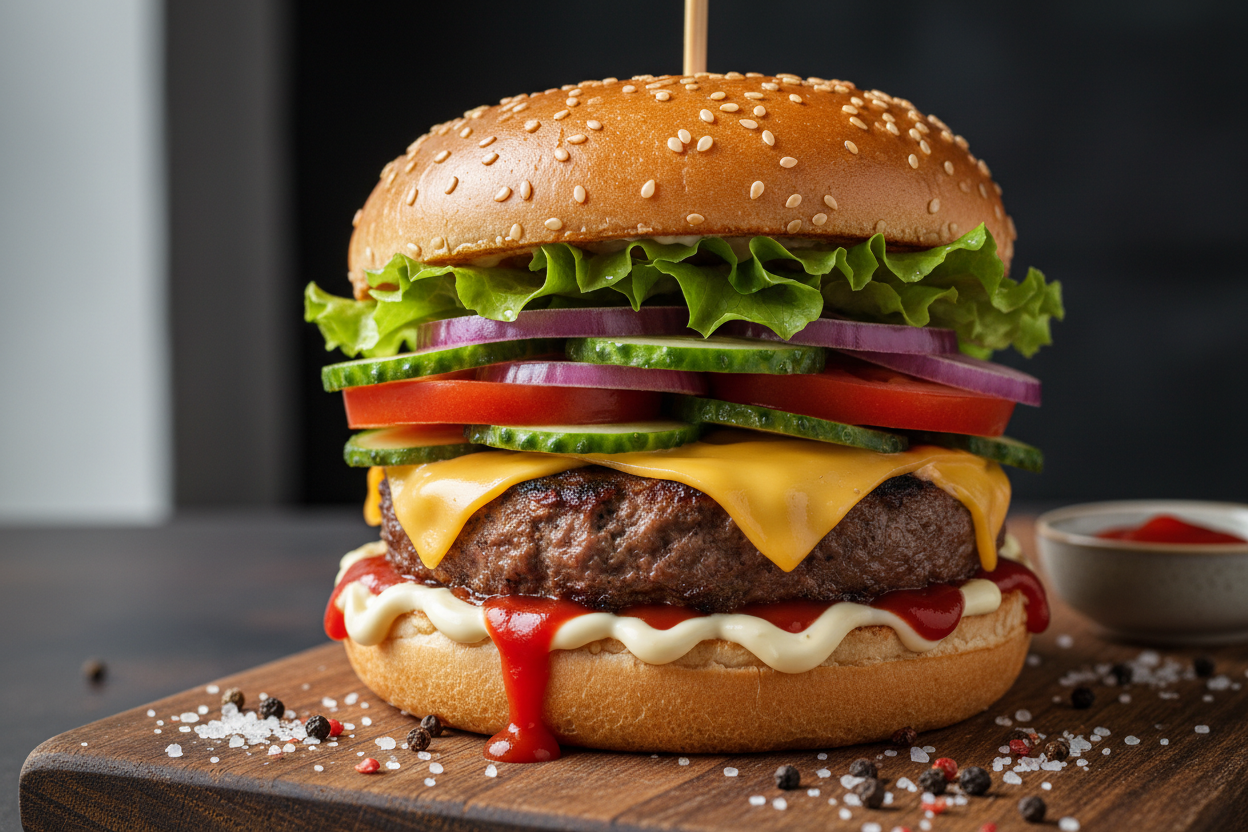 Hamburger mit Ketchup, Majo, Salat, Tomate, Gurke und Zwiebeln 125 gramm