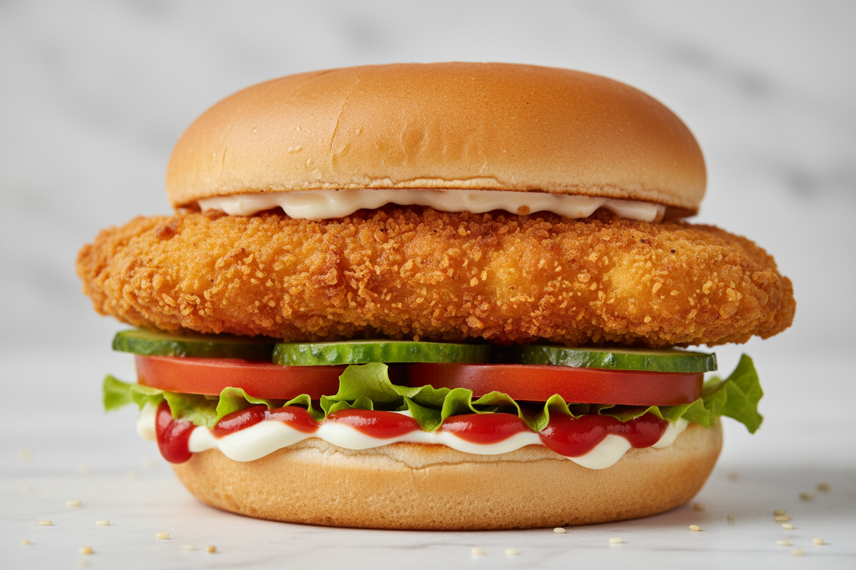 &nbsp;Crispy Chicken Burger 125 gram mit Ketchup, Majo, Salat, Tomate und Gurke