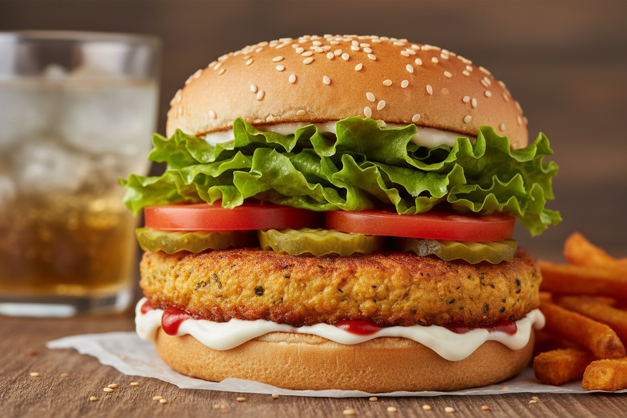 &nbsp;Vegetarian Chicken Burger 125 gram mit Ketchup, Mayo, Gurke, Tomate und Salat